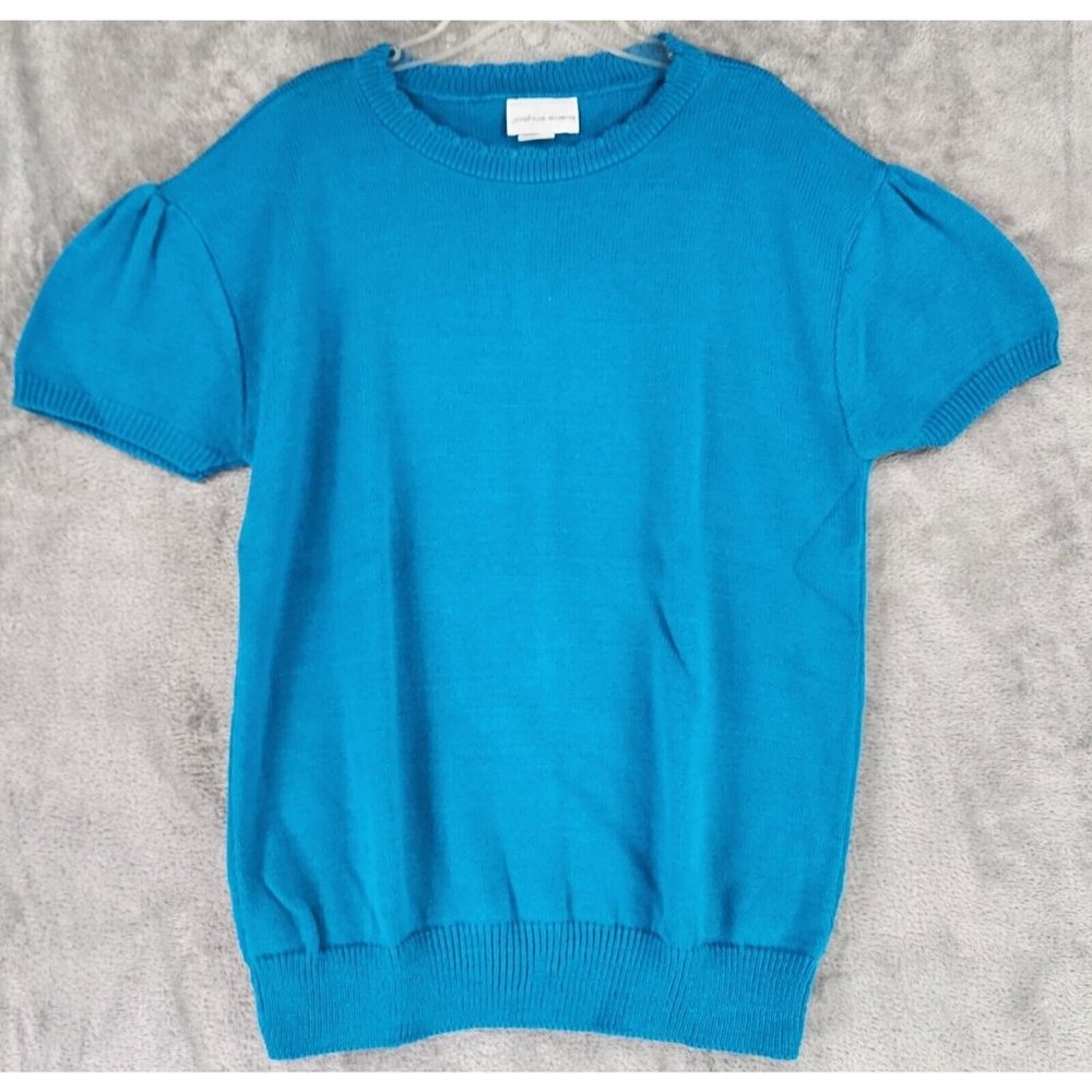 Joshua Evans Sweater Womens Medium Aqua Blue Shirred Shoulder 80s Vintage USA